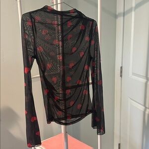 Sheer Black Mesh Long-Sleeve Top with Red Heart Print
